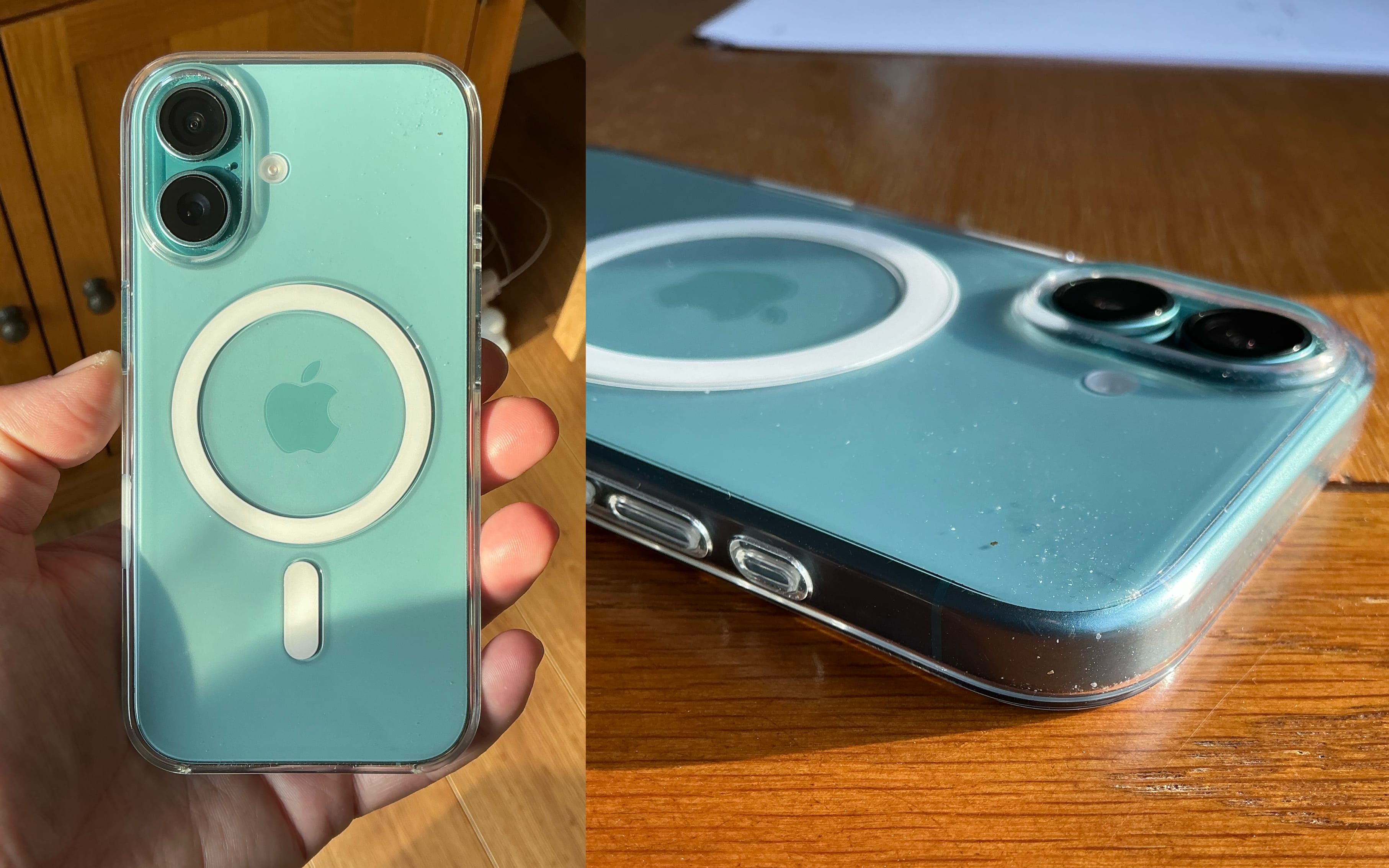 Two pictures of the Apple clear case on a teal iPhone 16. One in my hand, another a close-up showing the dust it traps
